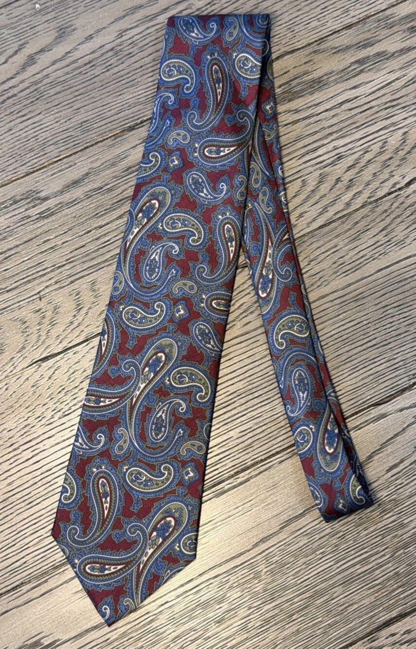 Isaco Italian Neck Tie 100% Silk, 56” Paisley Pattern Dark Mauve & Blues